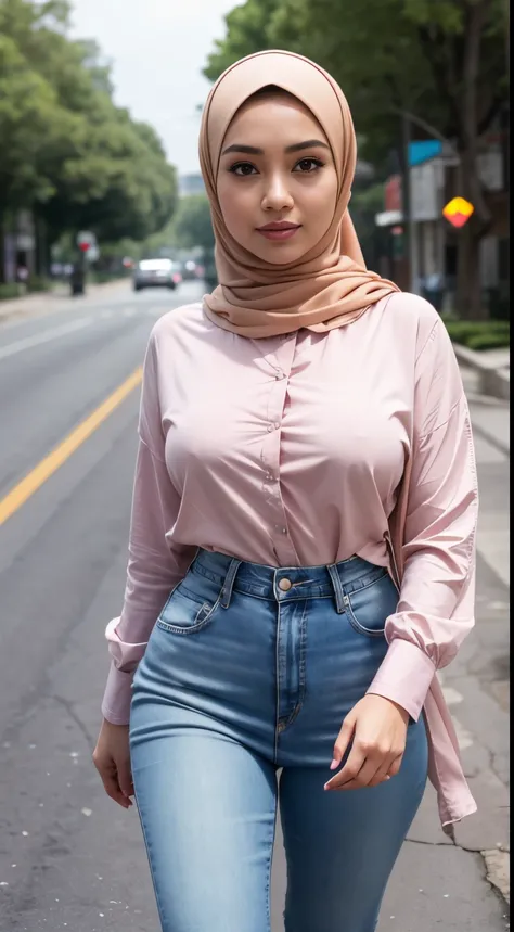 RAW, Best quality, high resolution, masterpiece: 1.3), Beautiful Malay woman in hijab (iu:0.8),wearing a long shirt with a high neck, clothes outside tight denim jeans wearing a watch, at the mall, walking on a rural road in the morning , big breasts, slim...