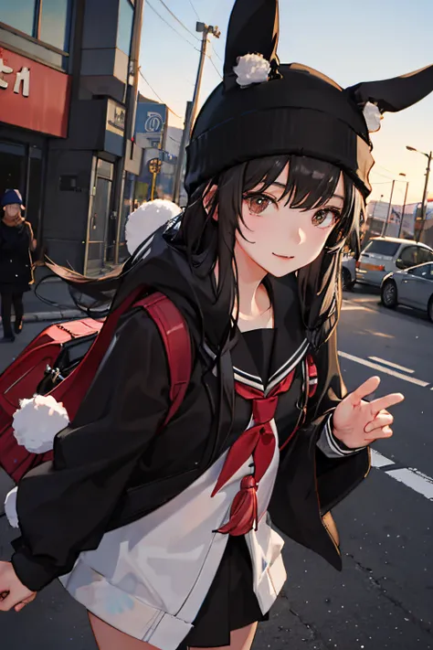 A high school japanese girl wearing a beanie and has bunny ears with fluffy black hair and wears black high school outfit on the street