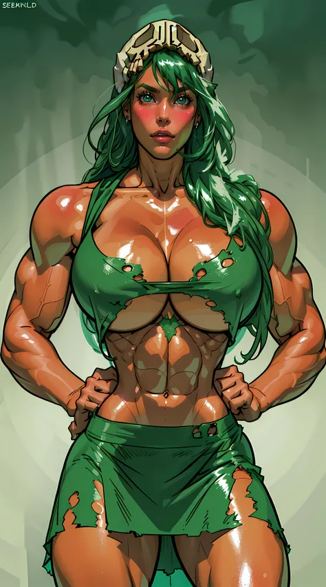 odelschwanck, green hair,(skull),torn clothes, (underboob), skirt, (puffy lips:1.4), (gigantic breasts:1.2), design sheet, masterpiece, long hair, (slendered abs:1.2) ,detailed , shiny skin, beautiful lighting from below, harsh light