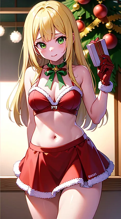 masterpiece, best quality, 1 solo girl, blonde hair, green eyes, long hair, wavy hair, Christmas ornaments, medium breasts, mature body and face, red christmas dress, christmas, christmas light, christmas tree, red gloves, red santa skirt, holding gift, re...