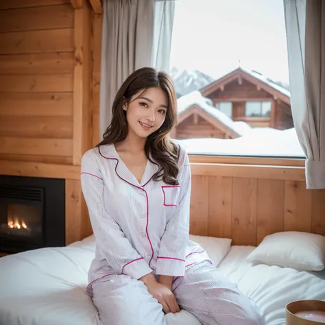 (((top-quality、masutepiece、8K、Top image quality)))、((Japan and half Spanish beauty、Too big size for her、Parker Pajamas、The hood is lowered、Very chunky blanket pajamas、white, Light blue and pink pajamas、white, shuicolor、Pajamas in the middle of winter、Chunk...