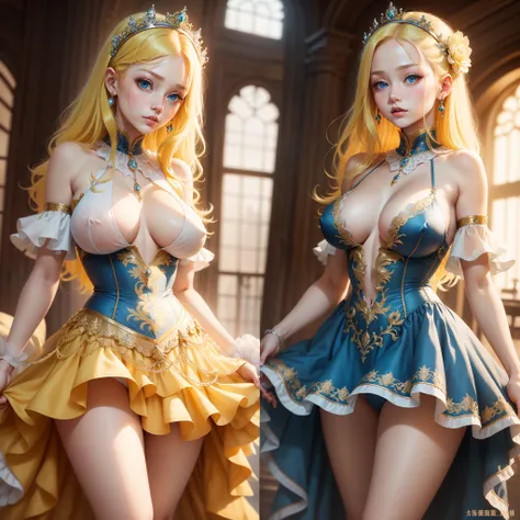 Princess, Yellow hair, 18 years old, Beautiful, Innocent, Blue eyes, rococo dress、Lift the skirt yourself、The shape of the areola is clearly defined、（The shape of the nipple is clear）、(The shape of her nipples stands out through the dress.)