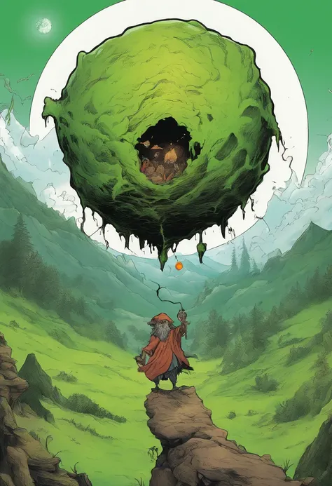 giant green ball of necromantic energy, pulsating and expanding atop a ziggaraut as small goblin figures work to grow the orb using a magical ritual