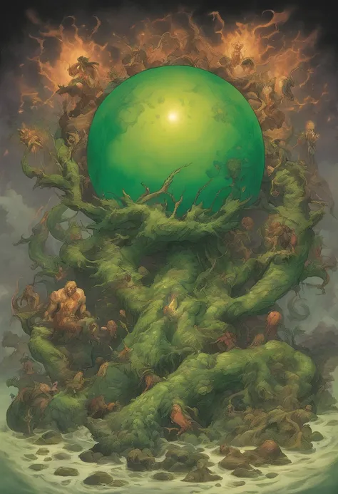 giant green ball of necromantic energy, pulsating and expanding atop a ziggaraut as small goblin figures work to grow the orb using a magical ritual