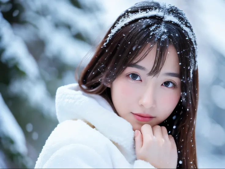 (top-quality、8ｋ、​masterpiece）、cute japanese model、shoulder-length hair、Thin makeup、Colossal tits、Wearing a coat、in snow、Clear facial features、sharp and realistic details、From the outside、Eye level shots、F / 4.0、135 mm、jpegartifacts、Doing squats、Grabbing th...