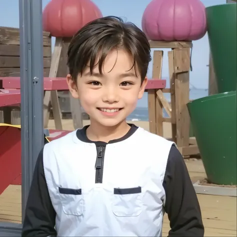 little boy, smiling, brown wavy hair, white jacket with black