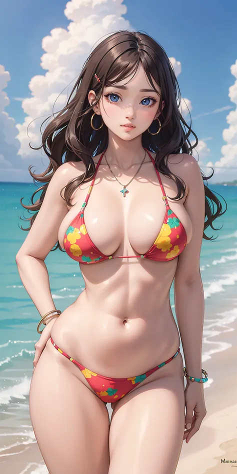 (masterpiece, best quality, ultra-detailed, photorealistic), 1 girl, curvaceous but slender body, busty, hands on hips, contrapposto, medium wavy hair, printed colorful micro bikini, hairclip, necklace, bangles, miami beach, evening