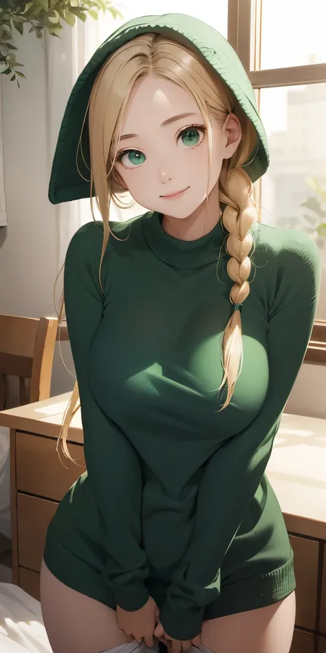 realisticlying、 the chest is wide and transparent、a 18 year old girl((Grasp your breasts with both hands))、wearing green sweater、Breasts enlarged、A slight smil、Sexy Posing、Im sweating、Redness of cheeks、Blonde braided hair、Bedrooms、sexly