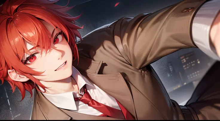 (red-haired man, businessmans look, detailed clothes, "skin:Dark", tie:red, eye:dark red), The narrators protagonist, dark skin, walks through a modern night city, during "the night", Black Suit, Red Tie, face with an expression of surprise. "the night"