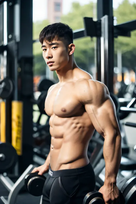 Masterpiece, Best quality, Solo, Korean man, gym background, bodybuilder, muscle body, big muscle, Natural eyes, large bulge, short detailed hair, Sexy guy, looking at viewert, black Brief, triangular mens underwear, standing