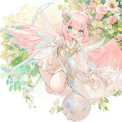 (PastelColors:1.3)、(Cute illustration:1.3)、(watercolor paiting:1.1)、(Wearing large transparent fairy wings with polka dots。。。：1.3)
Detailed background、1girl in、Smile with open mouth、Beautifully detailed、Moya、colourfull、marble、Particles of light、patterns、lo...