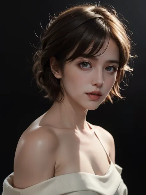 Best quality, masterpiece, ultra high res, (photorealistic:1.5), raw photo, 1girl, offshoulder, in the dark, deep shadow, low key, cold light, sexy look, short hair