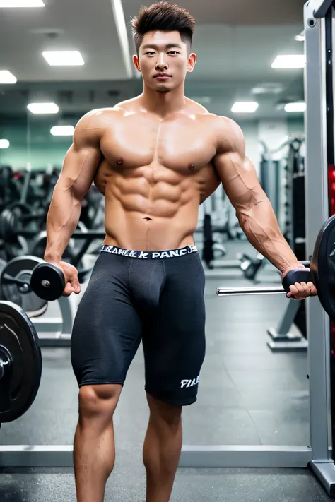 tmasterpiece, Best quality at best, 2 Korean men, gym background, body builder, muscle body, large muscle, Natural eyes, large bulge, Short hair details, Sexy guys, Look at each other, Black panty, Mens briefs, Permanent