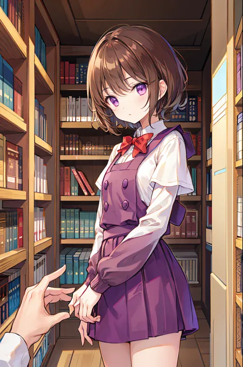 skin dantation、Niso、book library、Boken、high socks、short-cut、pale brown hair、Purple eyes