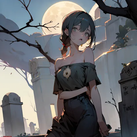 Anime style, best possible quality; Simple cemetery, a dry tree with an owl on the branch, tombs and graves, a zombie young zombie woman, grayish color, dirty and worn t-shirt showing off her shoulders, in black panties, extend your hands as if you were go...