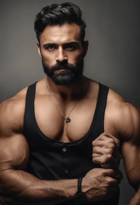 omem arafed com barba na pose para uma foto, strong masculine features,  corpo musculoso sexy, tipo de corpo muscular, Athletic Body Building,  vestindo um terno, cabelo preto,terno elegante