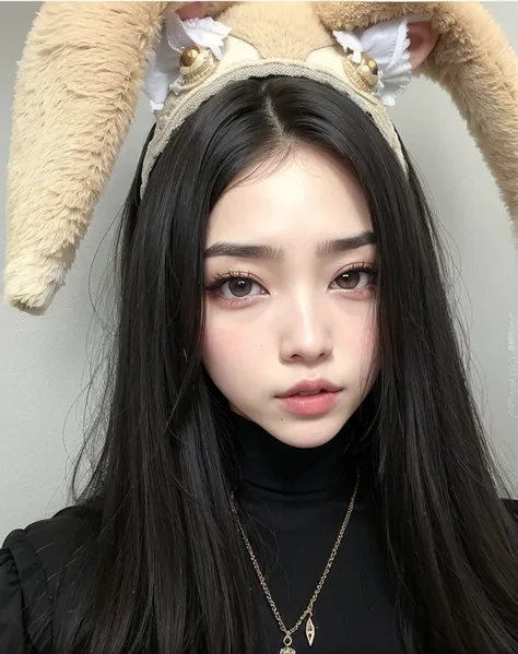 Mujer arafed con cabello largo y negro, con orejas de conejo y un jersey de cuello alto negro., cruel korean goth girl, Dulce conejita ultrarrealista, con cabello largo y ojos penetrantes, ulzzang, south east asian with round face, cabello negro y ojos gra...