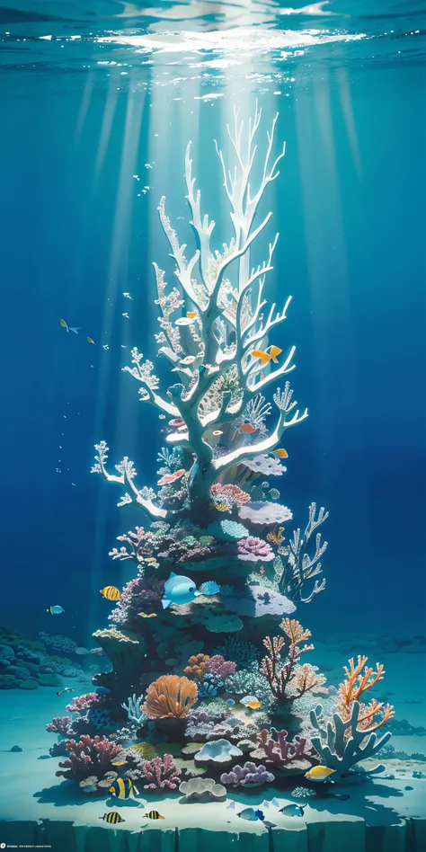 Conceptual art of marine life, Undersea landscape, Marine life，Beautiful coral reefs come in different shapes, 3D，, Fish, Female animated fantasy illustration. Long white hair scattered in the sea, Drift, Very harmonious. The whole painting adopts a messy ...