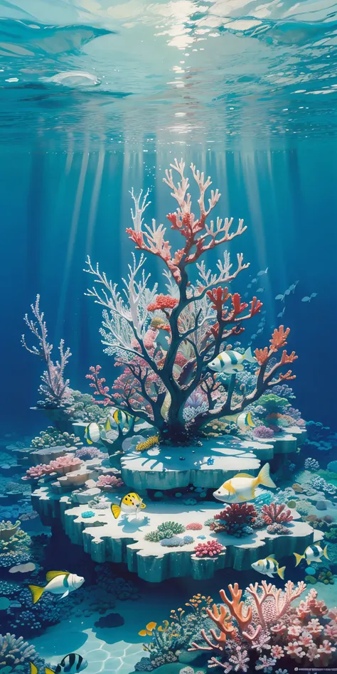 Conceptual art of marine life, Undersea landscape, Marine life，Beautiful coral reefs come in different shapes, 3D，, Fish, Female animated fantasy illustration. Long white hair scattered in the sea, Drift, Very harmonious. The whole painting adopts a messy ...