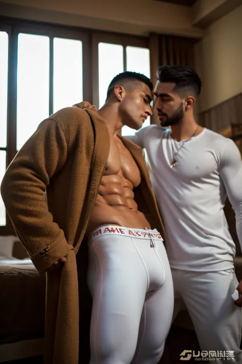 （（（2boy）））,Realistic, ((Masterpiece)), ((Best quality)), (Detailed), Cinematic, Dynamic lighting, soft shade, bedroom, Detailed background, Professional photography, Depth of field, Intricate, Detailed face, 2 Latino men kissing, Subsurface scattering, pho...