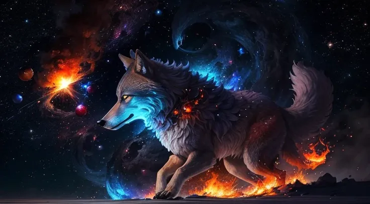 Un Loup, Animal, Dans les flammes, Yeux rouge, Hurlement, dans lespace