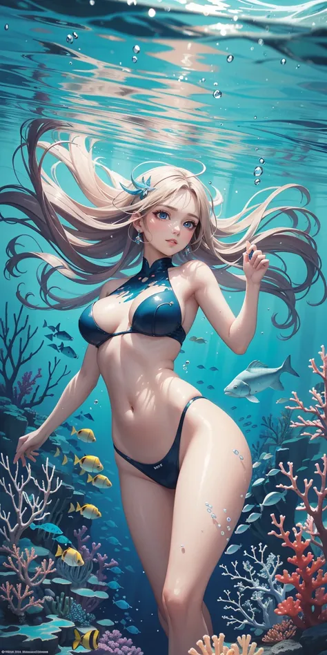 (masterpiece, best quality, ultra-detailed, photorealistic), 1 girl, curvaceous but slender body, Conceptual art of marine life, Undersea landscape, Marine life，Beautiful coral reefs come in different shapes, 3D，, Fish, Female animated fantasy illustration...