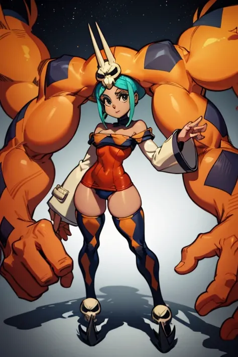 Personaje cerebella de skullgirl, con su ropa de caracteristica , full body size, cuerpo completo y zapatos y cuerpo sexy