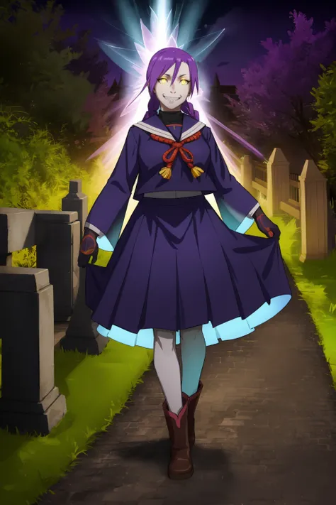 masterpiece, best quality:1.2), cowboy shot, solo, 1girl, chikujoin magane, sharp teeth, evil grin, looking at viewer, hand on hip, single braid, serafuku,long pleated skirt, wizard uniform, exorcist, holy gloves,, french medieval villa, long skirt ,white ...