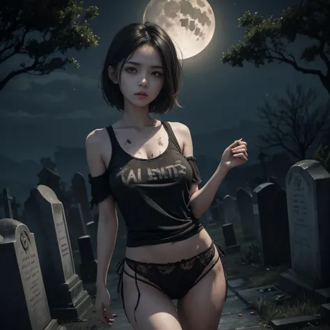 Anime style, best possible quality; Simple cemetery, a dry tree with an owl on the branch, tombs and graves, a zombie young zombie  undead woman, grayish color, dirty and worn t-shirt showing off her shoulders and black panties, extend your hands as if you...