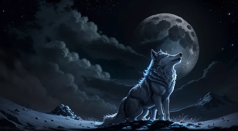 Wolf, Howling, In flamme, dark night, Full Moon , stary Sky, Realistic.