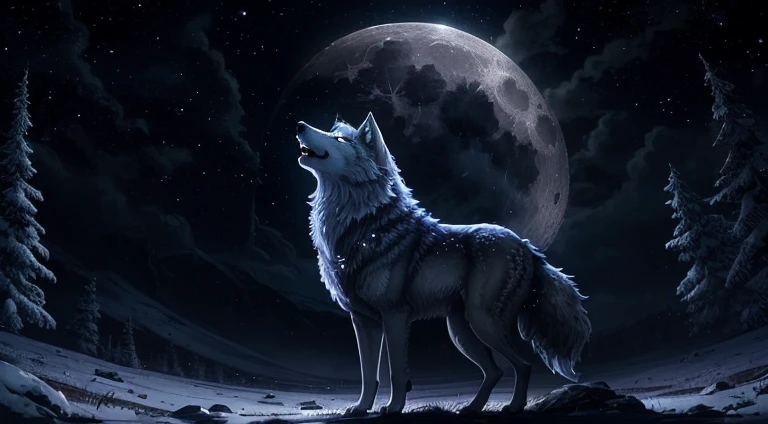 Wolf, Howling, In flamme, dark night, Full Moon , stary Sky, Realistic.