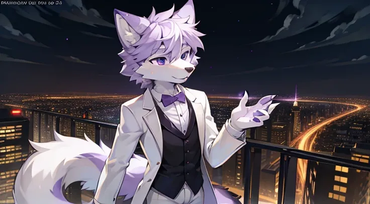 (furry art, uploaded on e621:1.4), (masterpiece:1.3), (best quality:1.2),(2D:1.0), (anime:1.0), (illustration:1.0), (sharp:1.2), (light_environment), (city), (clear, shiny:0.8), (impasto:1.1), (ultra-detailed:1.0) (1boy, solo), white and purple, (anthro fu...