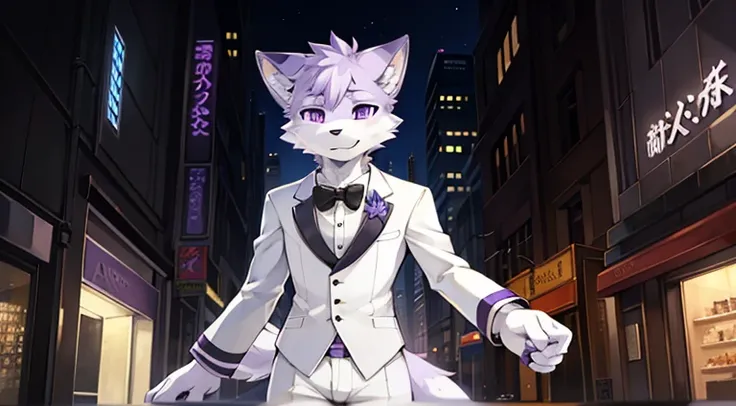 (furry art, uploaded on e621:1.4), (masterpiece:1.3), (best quality:1.2),(2D:1.0), (anime:1.0), (illustration:1.0), (sharp:1.2), (light_environment), (city), (clear, shiny:0.8), (impasto:1.1), (ultra-detailed:1.0) (1boy, solo), white and purple, (anthro fu...