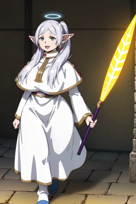 1girl,solo,elf,white hair,grey hair,earrings,pointy ears,long hair,ponytail,green eyes,twintails,parted bangs,thick eyebrows,,, holy magicalgirl, open mouth fang, holy haura, halo, smile, joyfull, paladin, sword holding, full body , boots, standing,cute,br...