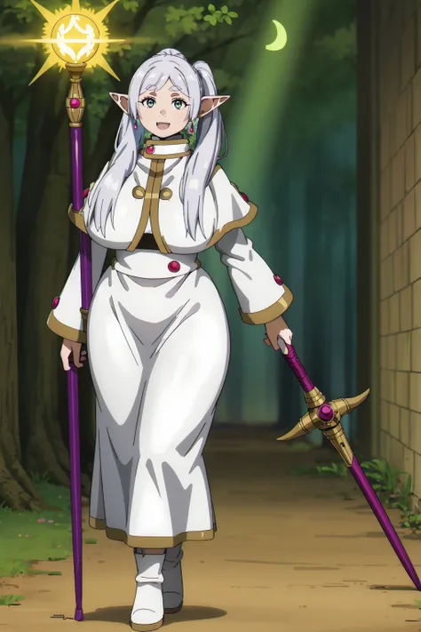 1girl,solo,elf,white hair,grey hair,earrings,pointy ears,long hair,ponytail,green eyes,twintails,parted bangs,thick eyebrows,,, holy magicalgirl, open mouth fang, holy haura, halo, smile, joyfull, paladin, sword holding, full body , boots, standing,cute,br...