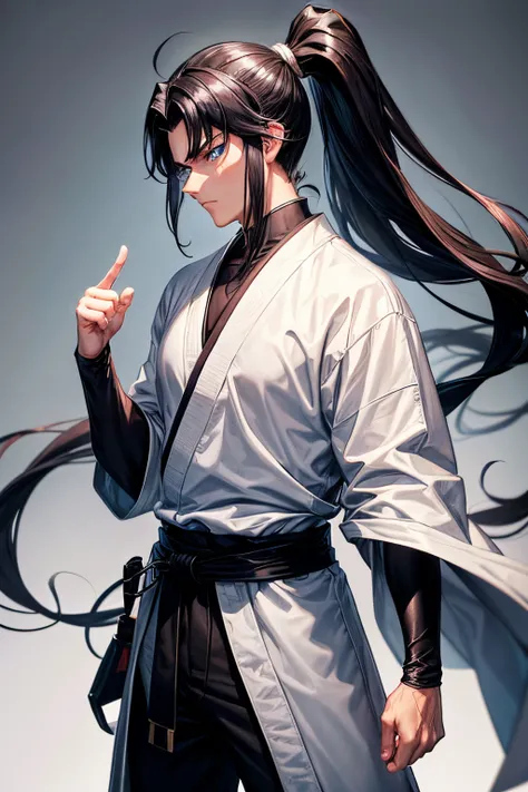 A man with black hair curled into a long ponytail, he is 18 years old, wears a gray martial arts robe with a white belt around his waist, has blue eyes, he is gesturing calling out to his opponent, anime, xuanhuan, medieval, 4k resolution, tales of demons ...