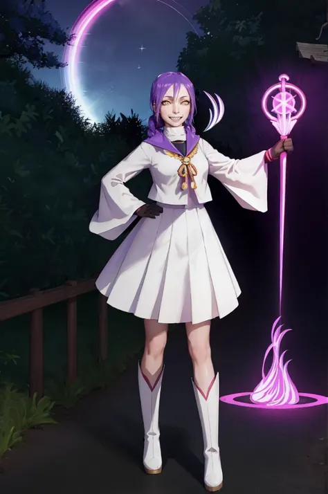 masterpiece, best quality:1.2), cowboy shot, solo, 1girl, chikujoin magane, sharp teeth, evil grin, looking at viewer, hand on hip, single braid, serafuku,long pleated skirt, wizard uniform, exorcist, holy gloves,, french medieval villa, long skirt ,white ...