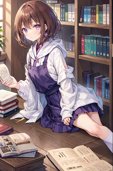 skin dantation、Niso、book library、Boken、high socks、short-cut、pale brown hair、Purple eyes