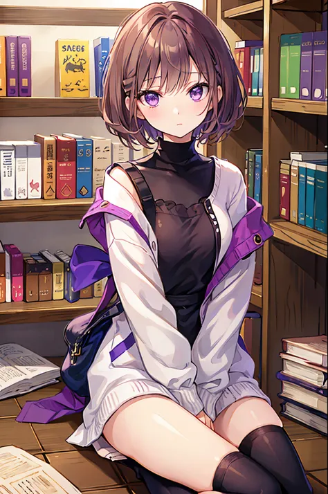 skin dantation、Niso、book library、Boken、high socks、short-cut、pale brown hair、Purple eyes、ecchi