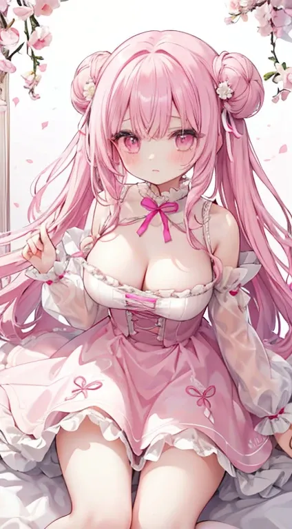 1 woman、Light pink fluffy and soft hair、Eyes that shine like pink jewels、dreamy cute dress、Lots of frills and ribbons、(top-quality)、sleeves long enough to hide your hands、Mini skirt with visible thighs、knee high socks、sprinkled with garnets、爆乳、Too large br...