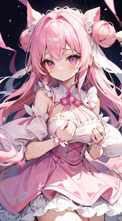 1 woman、Light pink fluffy and soft hair、Eyes that shine like pink jewels、dreamy cute dress、Lots of frills and ribbons、(top-quality)、sleeves long enough to hide your hands、Mini skirt with visible thighs、knee high socks、sprinkled with garnets、爆乳、Too large br...