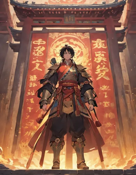 Standing in front of an ancient Chinese building, Cao Cao, an ancient general and a figure from the Three Kingdoms, has black hair, wears armor, holds a sword, and has a red cloak.