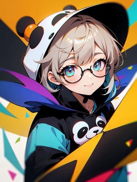 (Male child, eye glasses,A smile, silber hair)、white, yellow, Blue confetti on hood, In the style of cute cartoon-like design, Electrical color scheme, Dark white and dark bronze, Vivid color scheme, Happy Expressionism, 20mp, Dynocore), In the style of co...