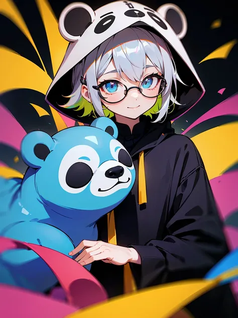 (Male child, eye glasses,A smile, silber hair)、white, yellow, Blue confetti on hood, In the style of cute cartoon-like design, Electrical color scheme, Dark white and dark bronze, Vivid color scheme, Happy Expressionism, 20mp, Dynocore), In the style of co...