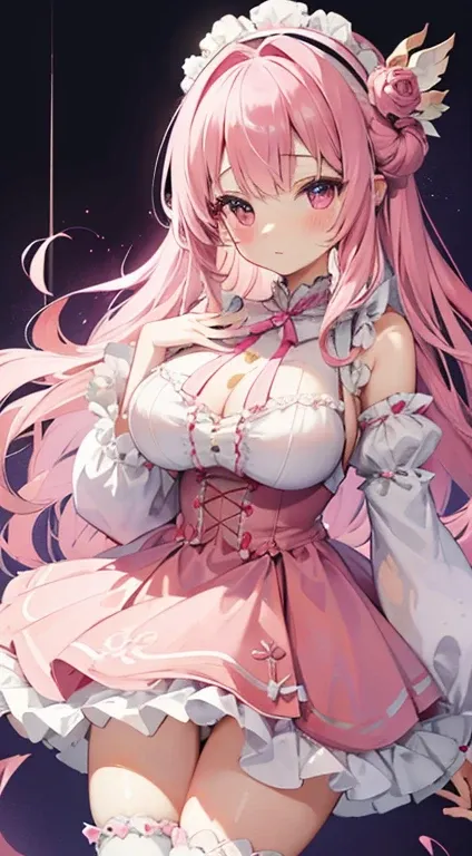 1 woman、Light pink fluffy and soft hair、Eyes that shine like pink jewels、dreamy cute dress、Lots of frills and ribbons、(top-quality)、sleeves long enough to hide your hands、Mini skirt with visible thighs、knee high socks、sprinkled with garnets、爆乳、Too large br...