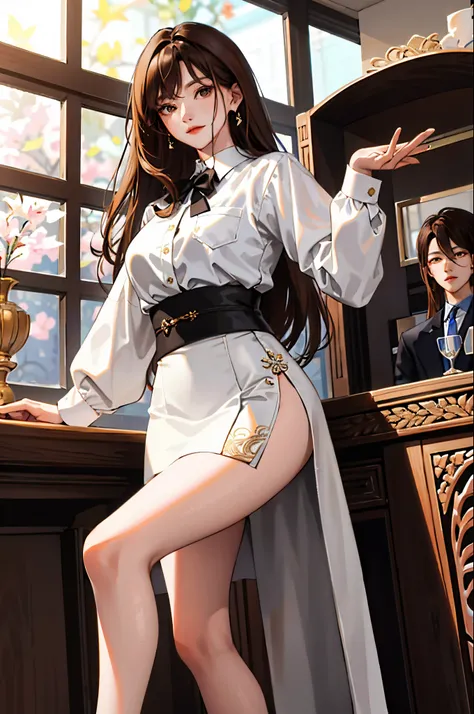 (tmasterpiece:1.2, need), (Realphotos, intricately carved), 独奏, 1 woman， brown  hair，long whitr hair， Korea，Business suite，White shirt on the upper body+Hem black tight skirt，black pantyhoses，Foot focus，without wearing shoes