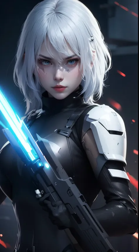 close-up of a man holding a gun and lightsaber, robot - girl with silver hair, ross painting 2. 0, ross painting 1. 0, artgerm a...