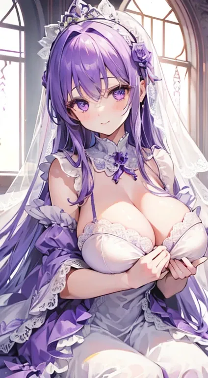 1 woman、Light amethyst fluffy and soft hair、Amethyst sparkling eyes、A room full of cute frills and ribbons、lace dresses、Amethyst encrusted dress、Lace Ribbon、Long veil、a smile、爆乳、cleavage of the breast、Too large breasts