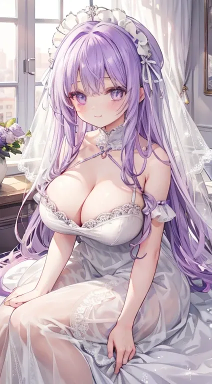 1 woman、Light amethyst soft and fluffy hair、Amethyst sparkling eyes、A room full of cute frills and ribbons、lace dresses、dress studded with amethyst、Lace Ribbon、Long veil、A smile、爆乳、cleavage of the breast、Too large breasts