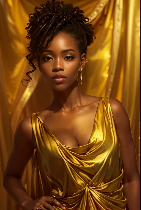 a black woman in a gold dress is posing for a picture, draped in silky gold, golden dress, draped in gold, golden hues, gold glow, golden aura, wearing a dress of gossamer gold, glowing golden aura, gorgeous woman, gold clothes, shining golden hour, bathed...